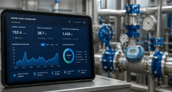 Tablet displaying a water consumption dashboard beside industrial water pipework